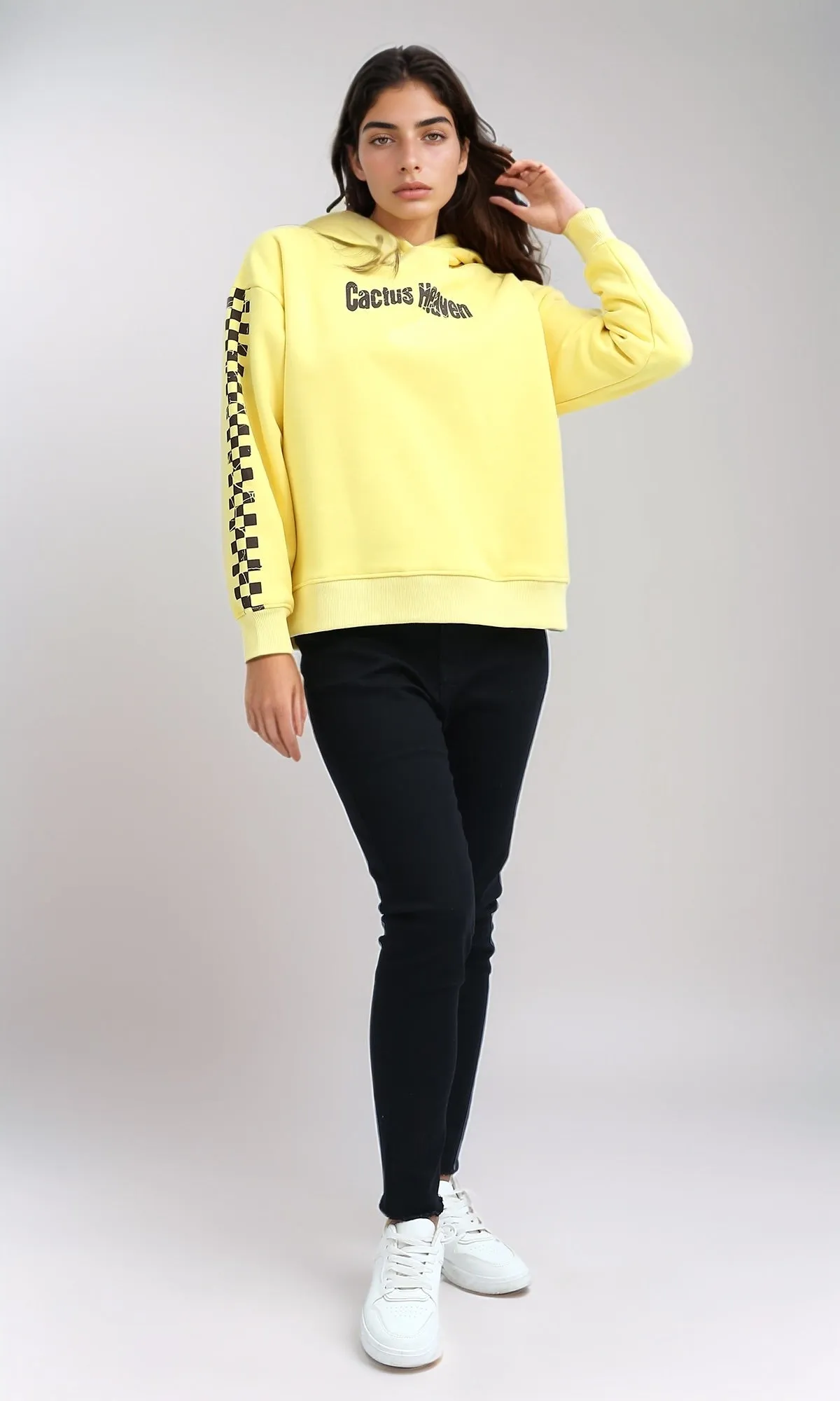 O201149 - "Cactus Heaven " Printed Long Sleeves Hoodie - Yellow