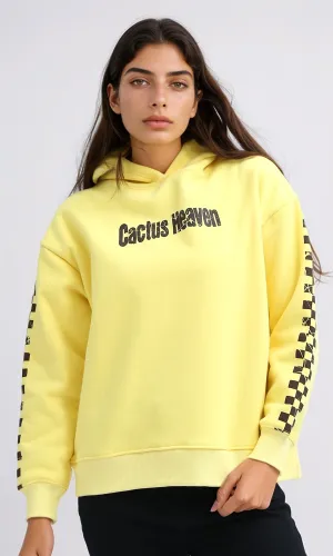 O201149 - "Cactus Heaven " Printed Long Sleeves Hoodie - Yellow