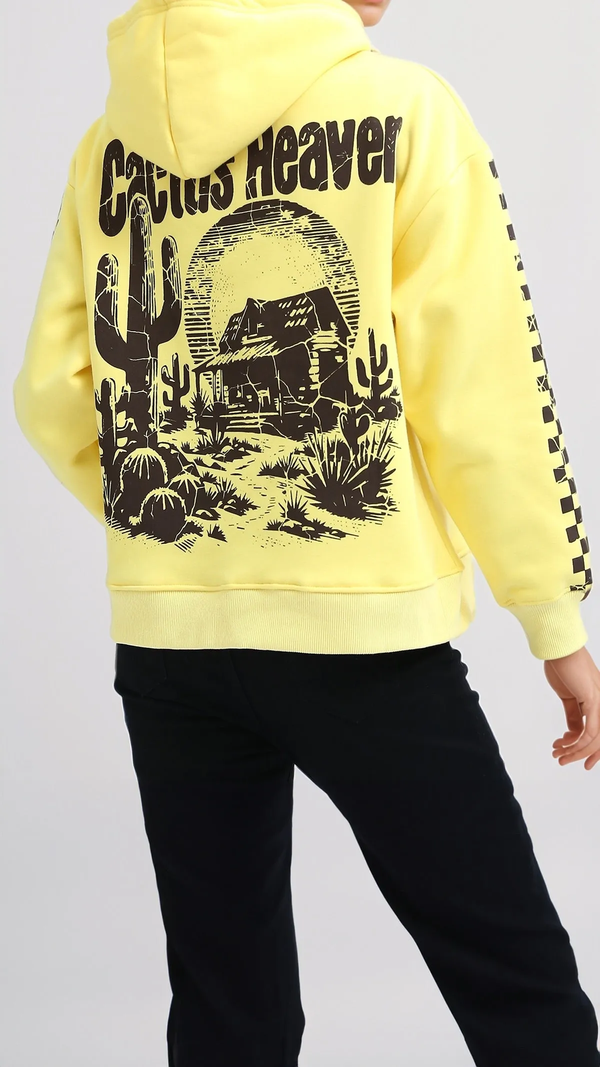 O201149 - "Cactus Heaven " Printed Long Sleeves Hoodie - Yellow