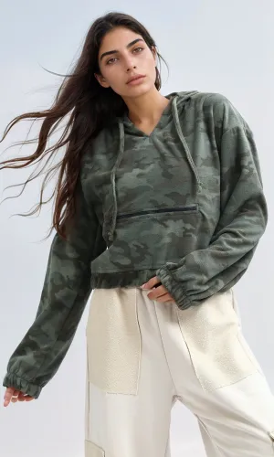 O201151 - Winter Cropped Army Hoodie with Front Zipper - Olive