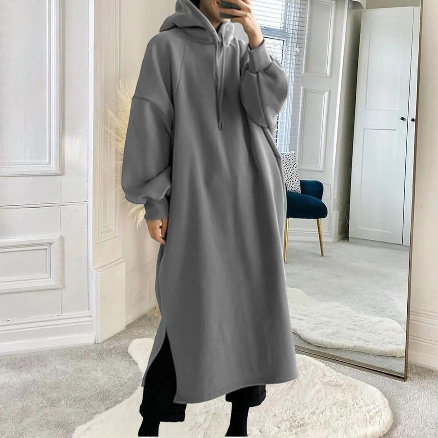Pullover Hoodie for Women Baggy Loose Long Sleeve Hooded Sweatshirt Maxi Dress Casual Fall Sweatshirt Dress