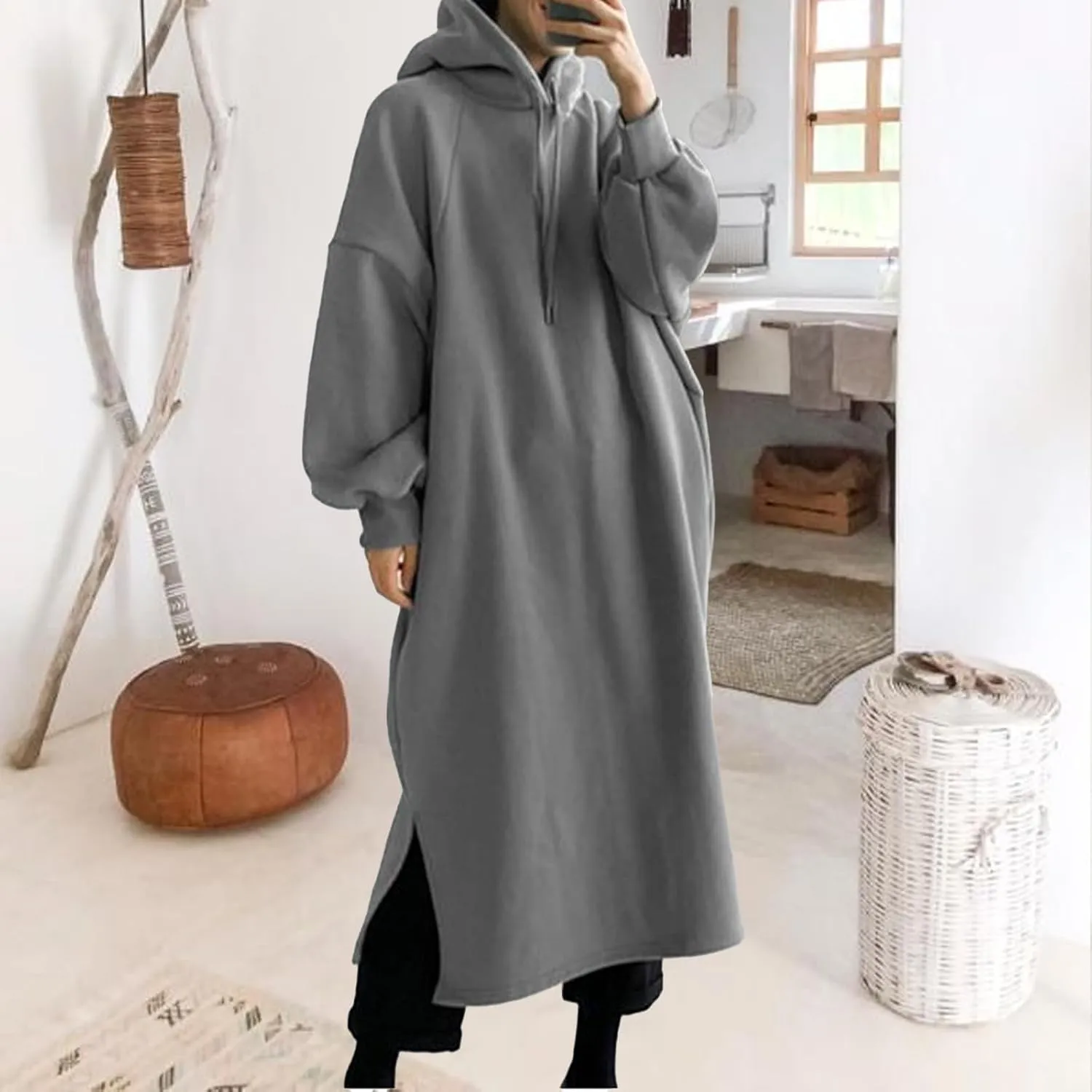 Pullover Hoodie for Women Baggy Loose Long Sleeve Hooded Sweatshirt Maxi Dress Casual Fall Sweatshirt Dress