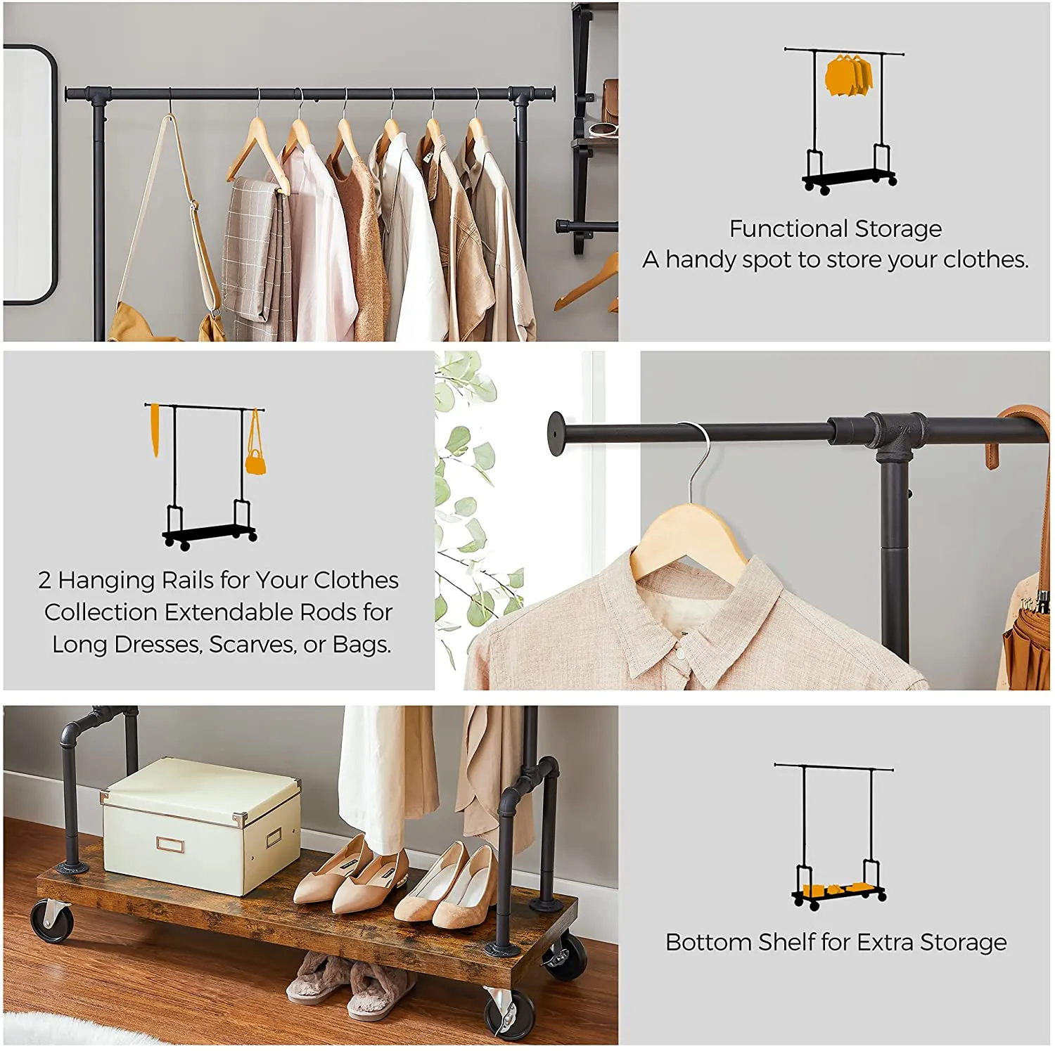 Rolling Clothes Rack, Garment Rack for Hanging Clothes with Wheels, Hanging Rail and Shelf