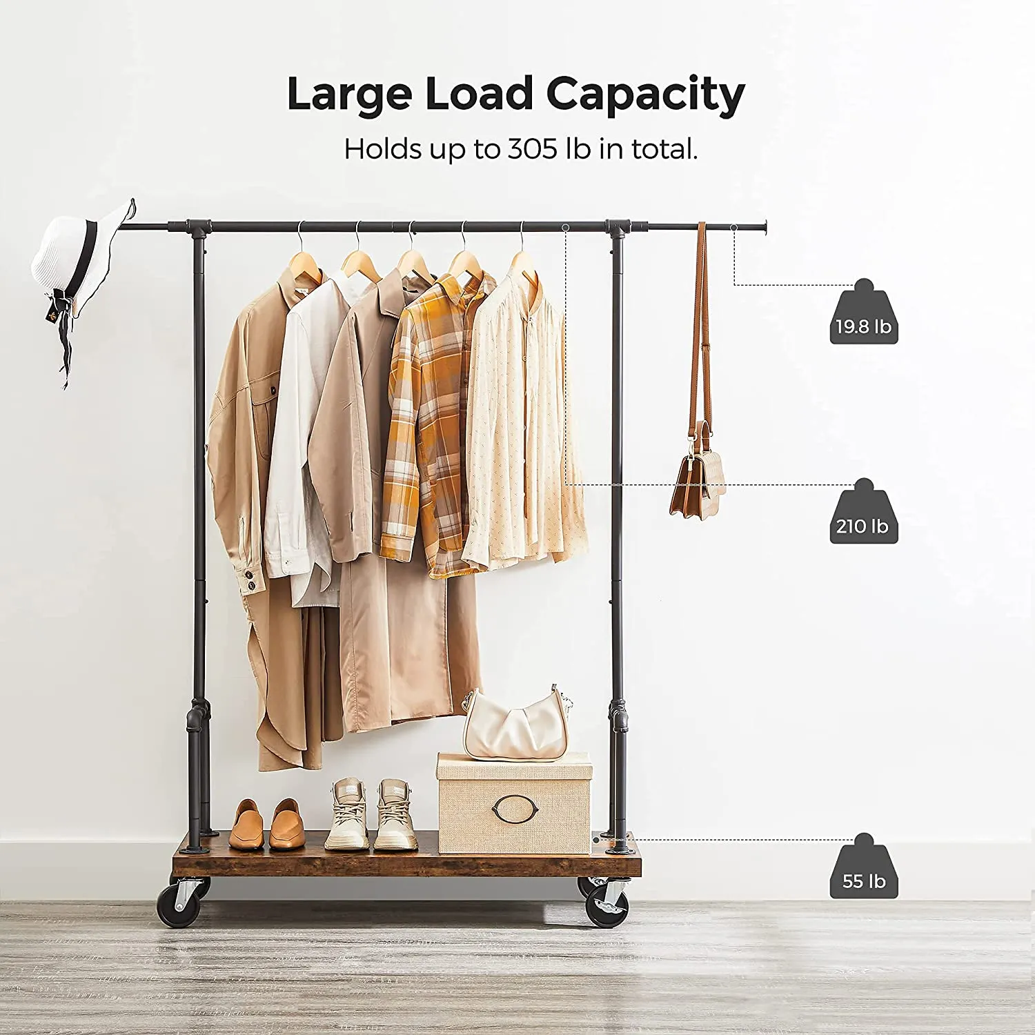 Rolling Clothes Rack, Garment Rack for Hanging Clothes with Wheels, Hanging Rail and Shelf