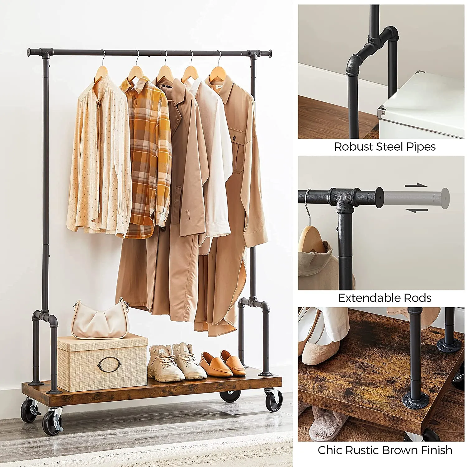 Rolling Clothes Rack, Garment Rack for Hanging Clothes with Wheels, Hanging Rail and Shelf
