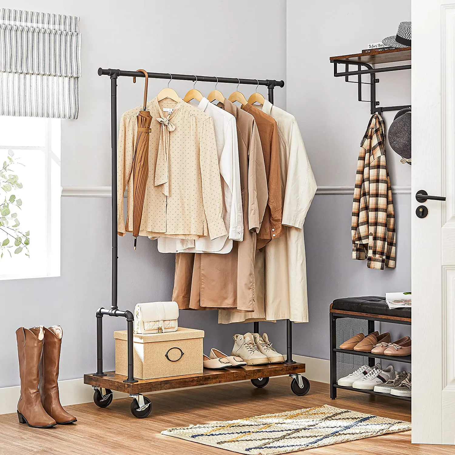 Rolling Clothes Rack, Garment Rack for Hanging Clothes with Wheels, Hanging Rail and Shelf