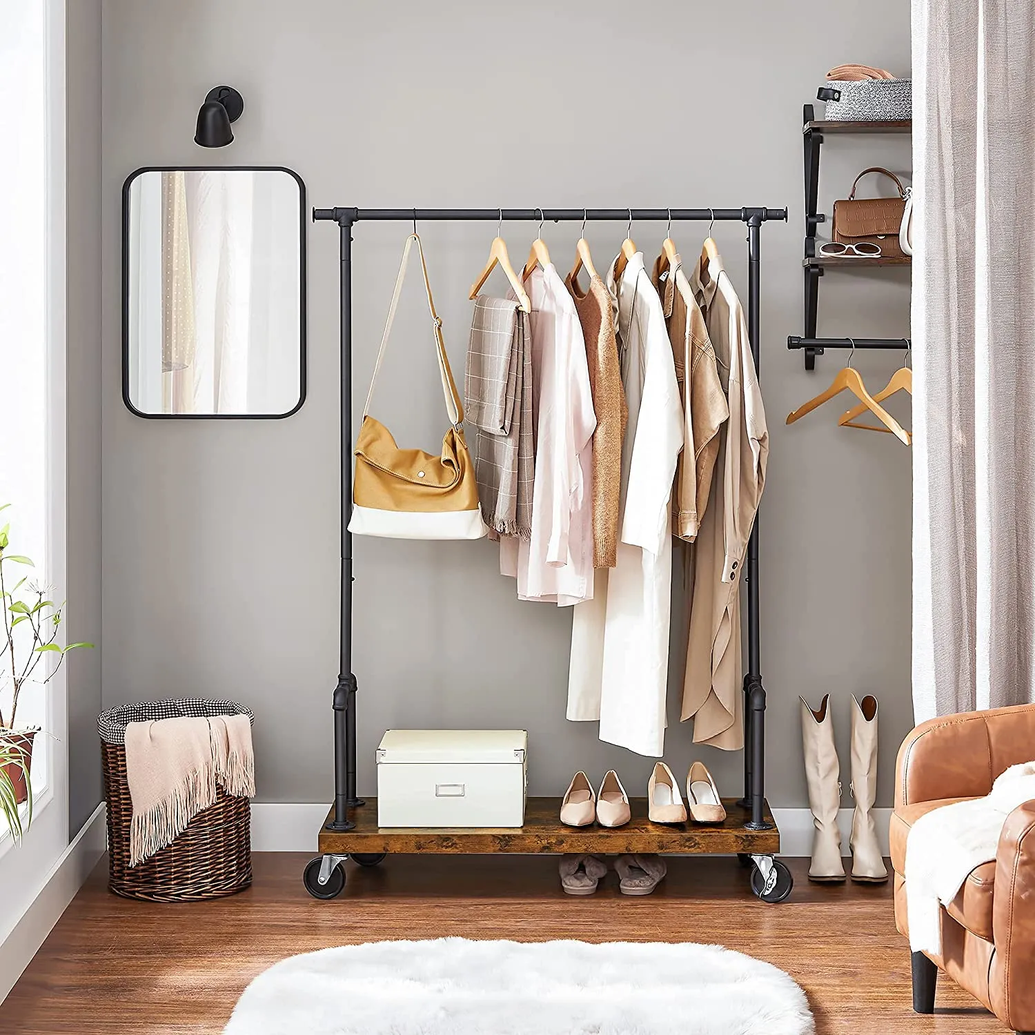 Rolling Clothes Rack, Garment Rack for Hanging Clothes with Wheels, Hanging Rail and Shelf