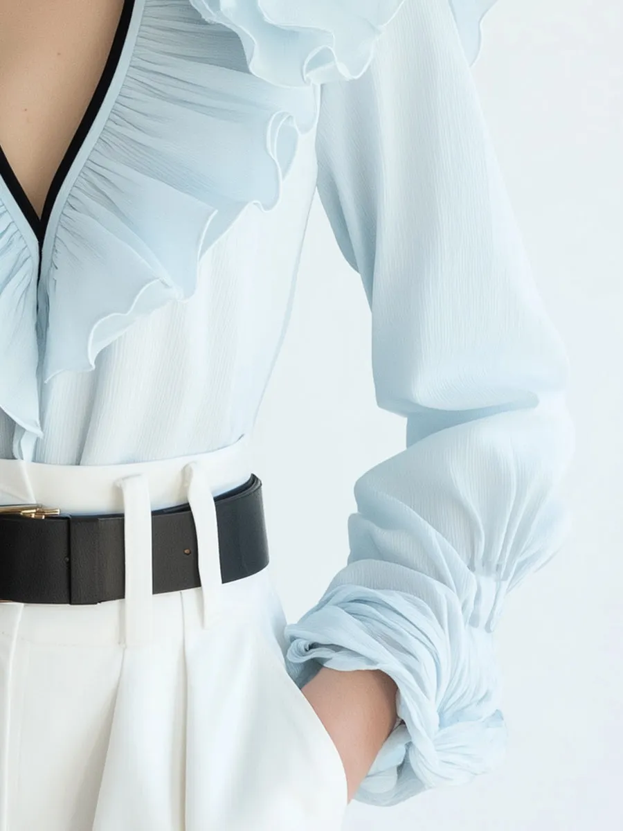 Romantic V-neck Light Blue Ruffled Long-sleeved Shirt