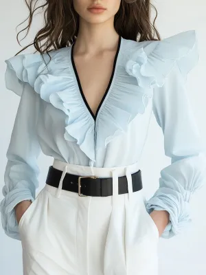 Romantic V-neck Light Blue Ruffled Long-sleeved Shirt