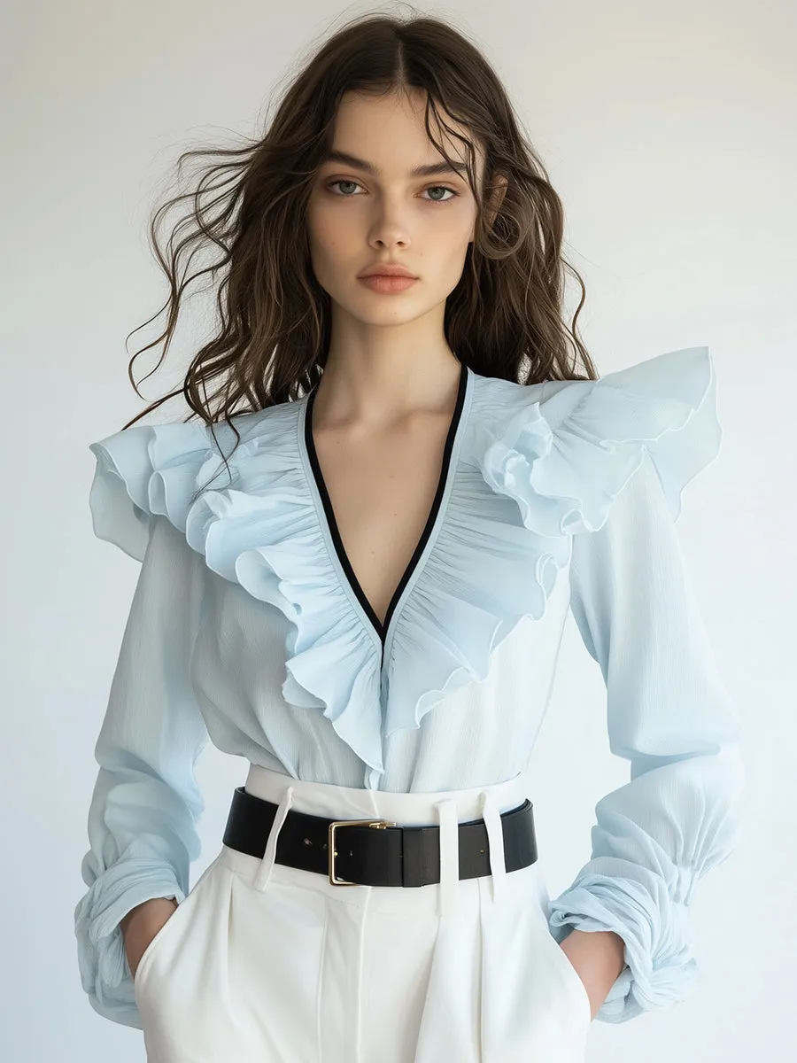 Romantic V-neck Light Blue Ruffled Long-sleeved Shirt