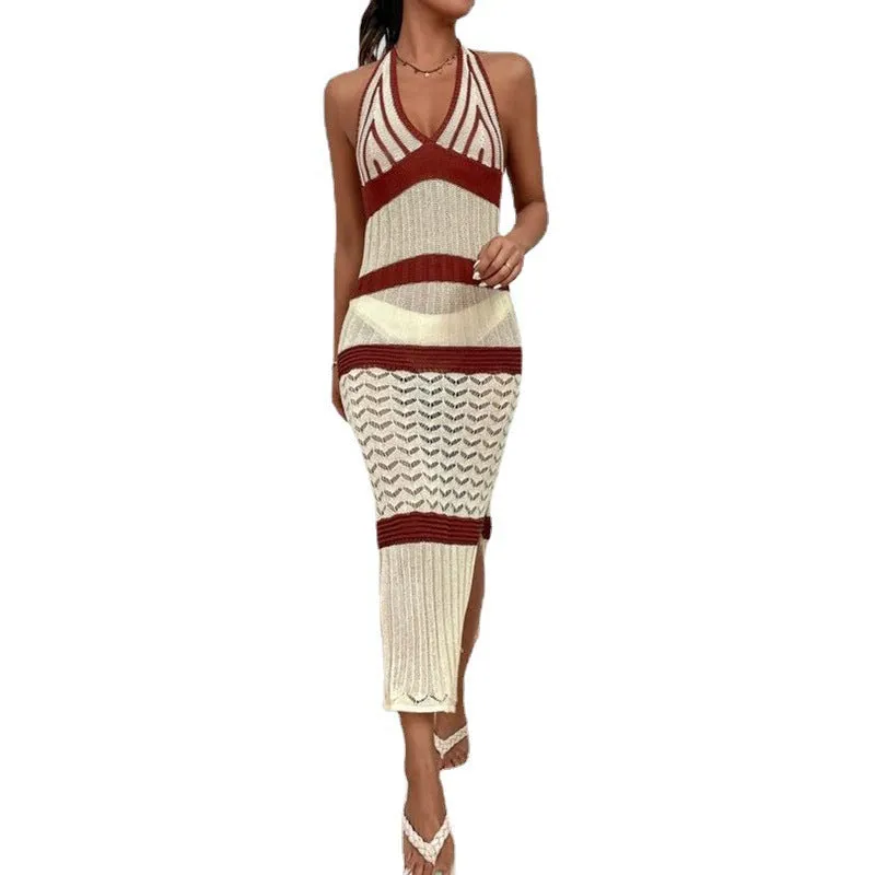 Sexy Halter V-neck Knitted Striped Bikini Swimsuit over Cover-up Beach Dress