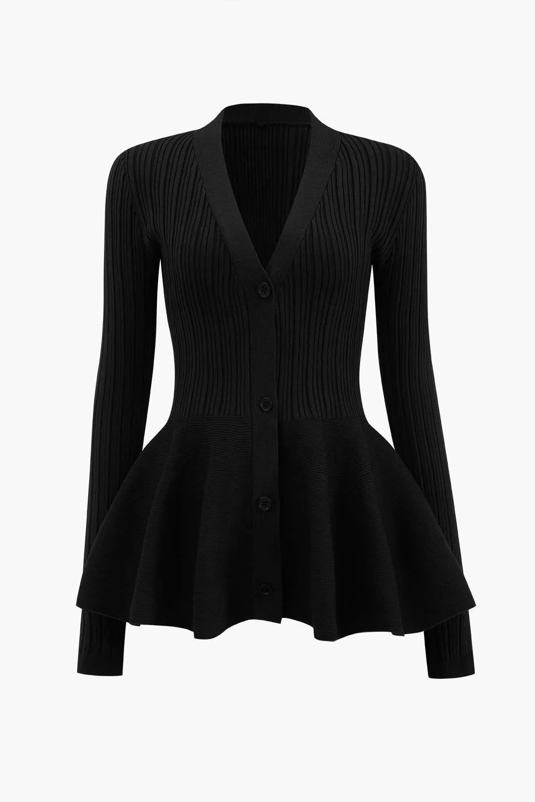 Solid V-neck Puff Hem Sweater Cardigan