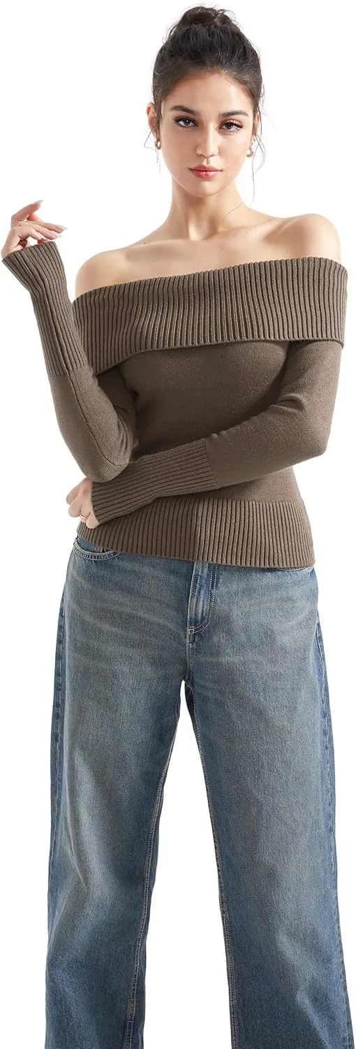 SUUKSESS Women Off Shoulder Sweaters Long Sleeve Ribbed Knit Going Out Fall Tops Blouse