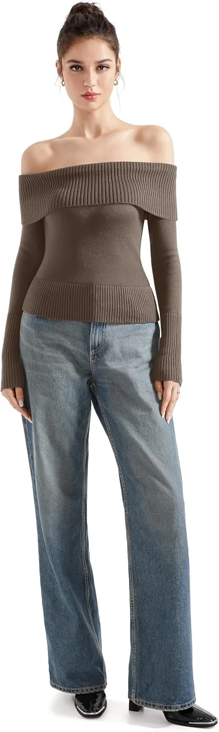 SUUKSESS Women Off Shoulder Sweaters Long Sleeve Ribbed Knit Going Out Fall Tops Blouse
