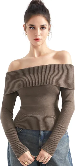 SUUKSESS Women Off Shoulder Sweaters Long Sleeve Ribbed Knit Going Out Fall Tops Blouse