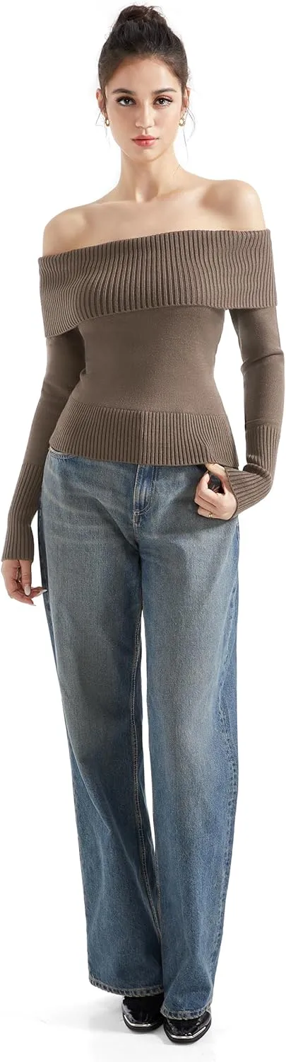 SUUKSESS Women Off Shoulder Sweaters Long Sleeve Ribbed Knit Going Out Fall Tops Blouse
