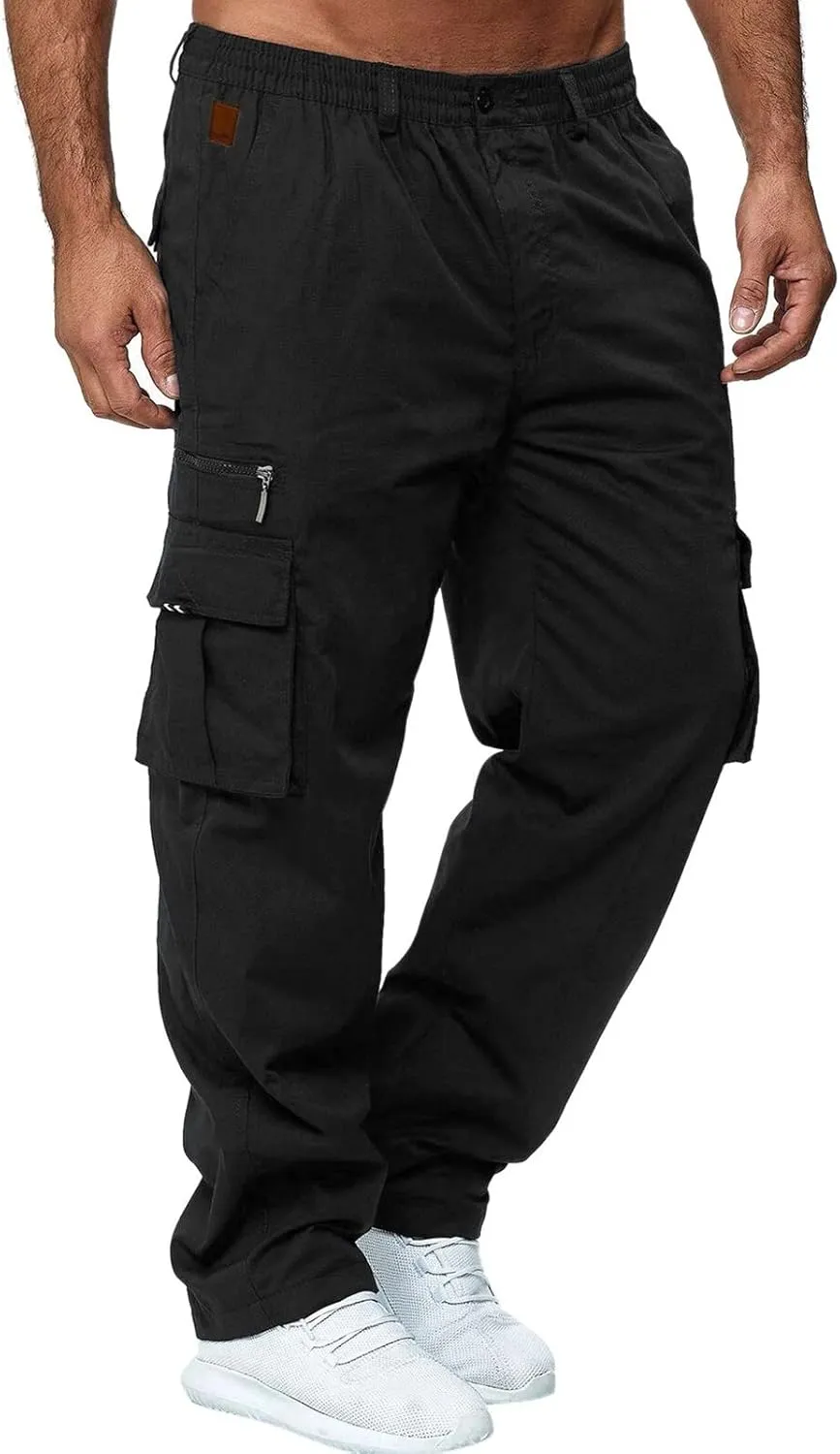 Sweatpant for Men with Pockets Workout Sports Pant Men's Cargo Pants Elastic Waist Joggers Solid Casual Multi Pockets