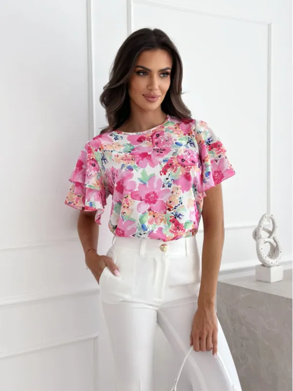 TEEK - Floral Ruffle Simple Short-Sleeve Top