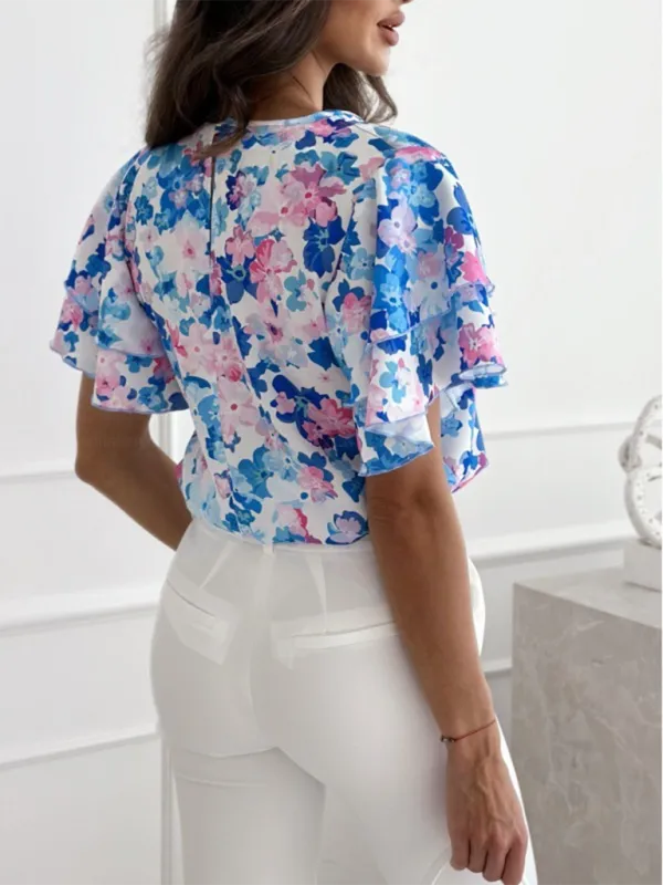 TEEK - Floral Ruffle Simple Short-Sleeve Top