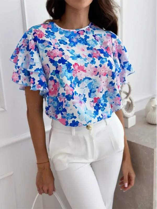 TEEK - Floral Ruffle Simple Short-Sleeve Top