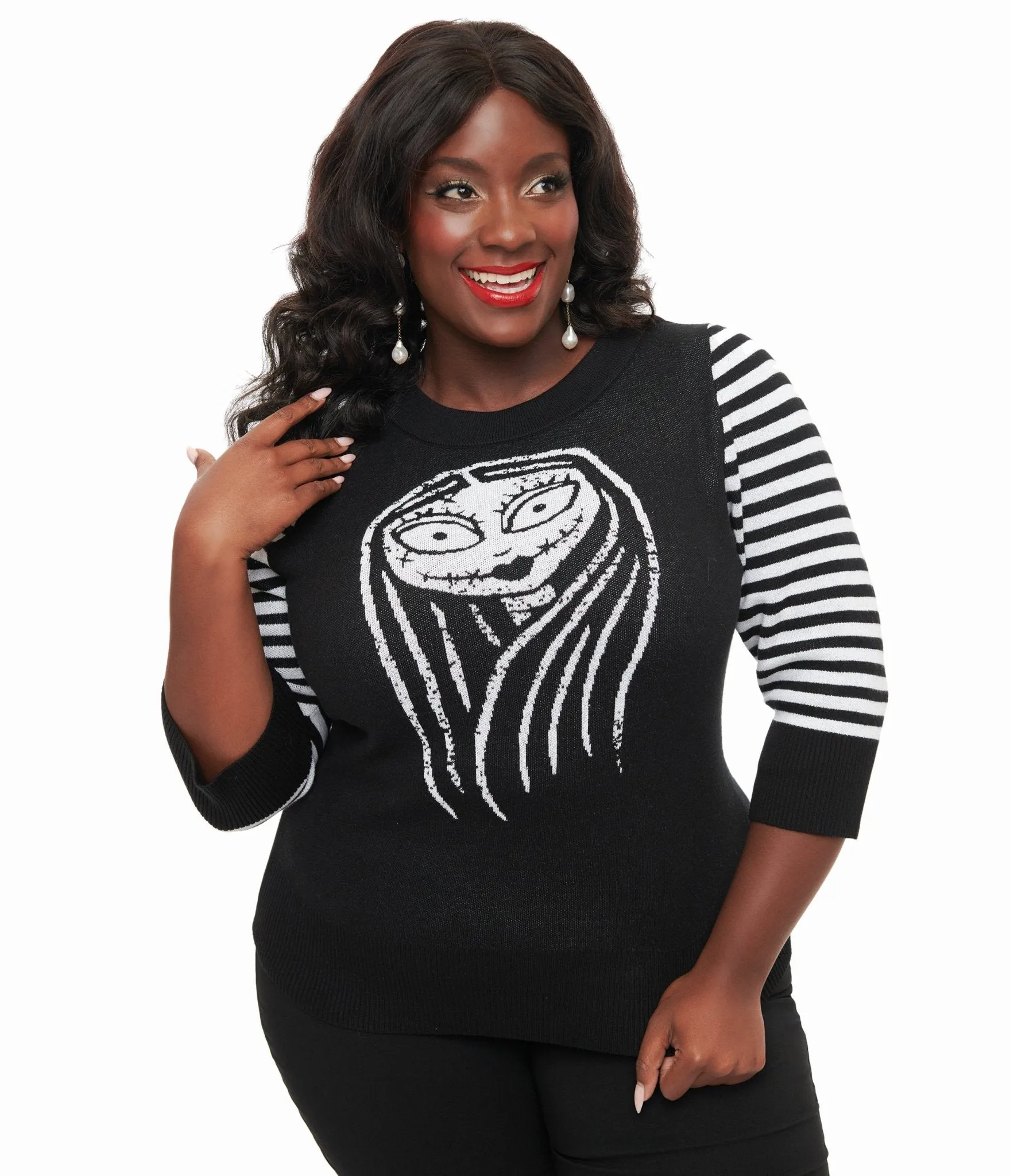 Tim Burton’s The Nightmare Before Christmas by Unique Vintage Plus Size Black & White Stripe Sally Minou Sweater