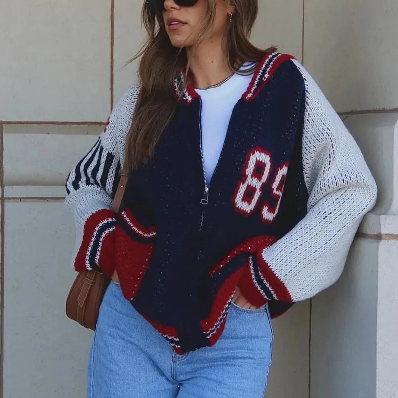 Toleet-Preppy Vintage Patchwork Cardigans Number Print Zip Up Knitwear with 2 Pockets 2000s Retro Grunge Knitted Sweater Teen Girls
