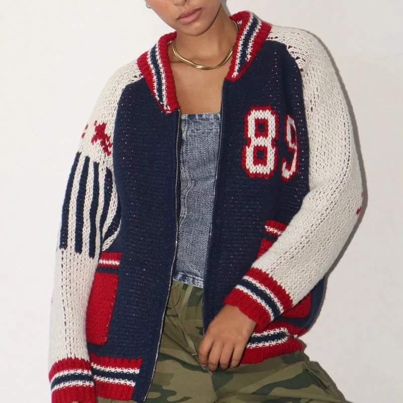Toleet-Preppy Vintage Patchwork Cardigans Number Print Zip Up Knitwear with 2 Pockets 2000s Retro Grunge Knitted Sweater Teen Girls