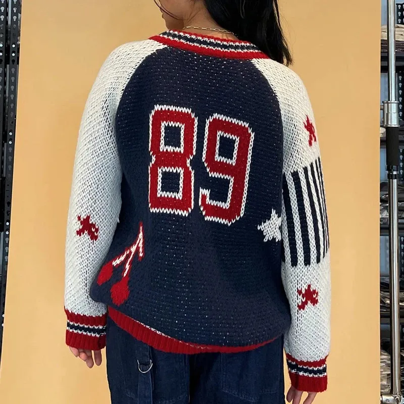 Toleet-Preppy Vintage Patchwork Cardigans Number Print Zip Up Knitwear with 2 Pockets 2000s Retro Grunge Knitted Sweater Teen Girls