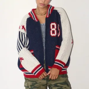 Toleet-Preppy Vintage Patchwork Cardigans Number Print Zip Up Knitwear with 2 Pockets 2000s Retro Grunge Knitted Sweater Teen Girls
