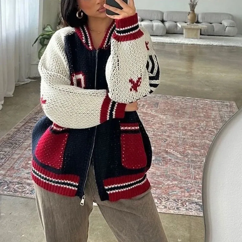 Toleet-Preppy Vintage Patchwork Cardigans Number Print Zip Up Knitwear with 2 Pockets 2000s Retro Grunge Knitted Sweater Teen Girls