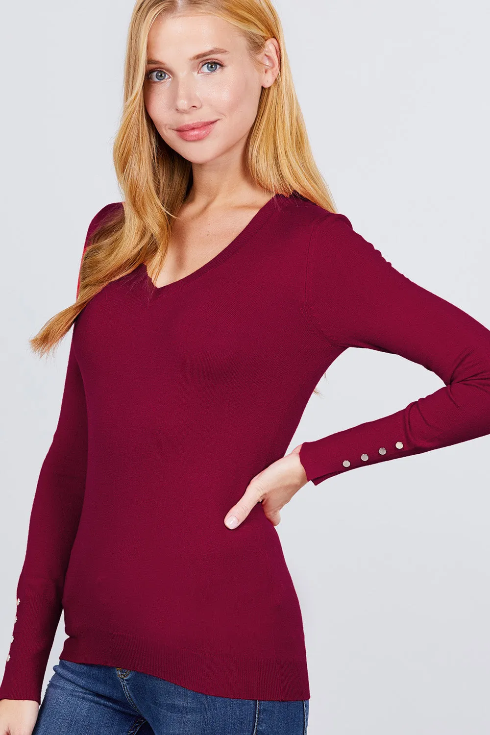 Women Long Sleeve With Snap Button Detail V Neck Viscose Lounge Sweater