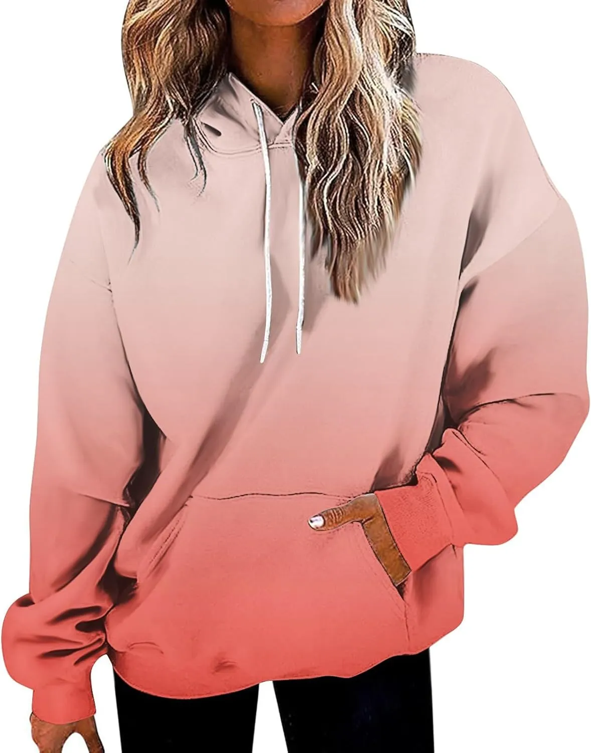 Womens Fall Fashion Hoodies Long Sleeve Hooded Drawstring Sweatshirt Gradient Printed Graphic Daily Pullover Tops