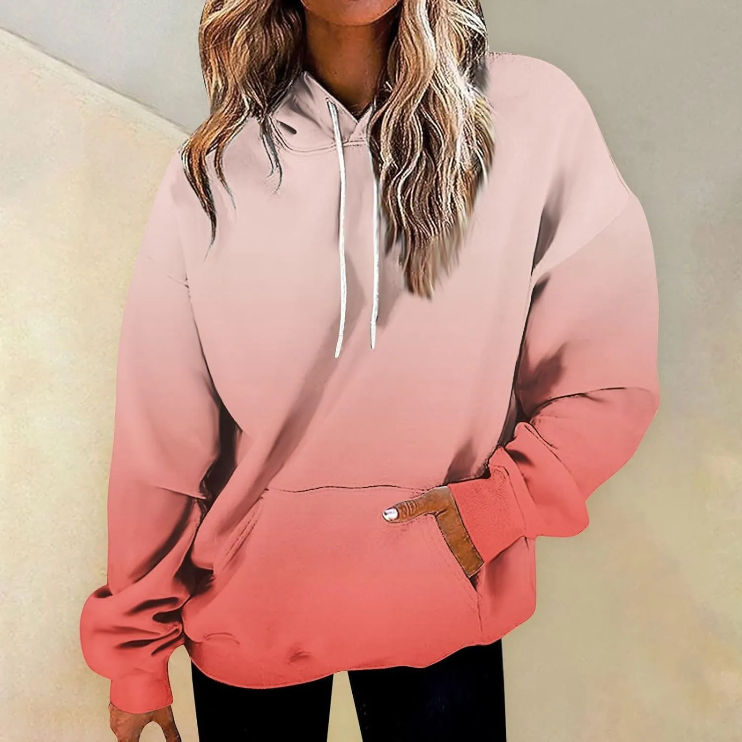 Womens Fall Fashion Hoodies Long Sleeve Hooded Drawstring Sweatshirt Gradient Printed Graphic Daily Pullover Tops