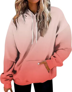 Womens Fall Fashion Hoodies Long Sleeve Hooded Drawstring Sweatshirt Gradient Printed Graphic Daily Pullover Tops