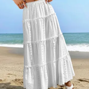 Womens Midi Skirt  A-Line Fit  Tiered Eyelet Fabric  Elastic Waist  Lightweight