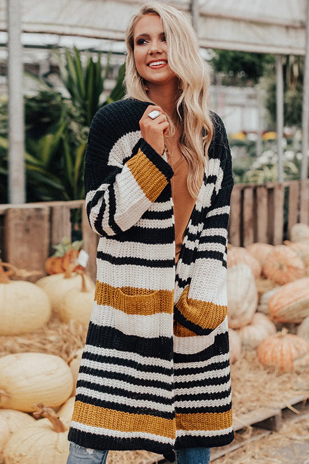 Women's Striped Printed Drop Shoulder Open Front Long Cardigan