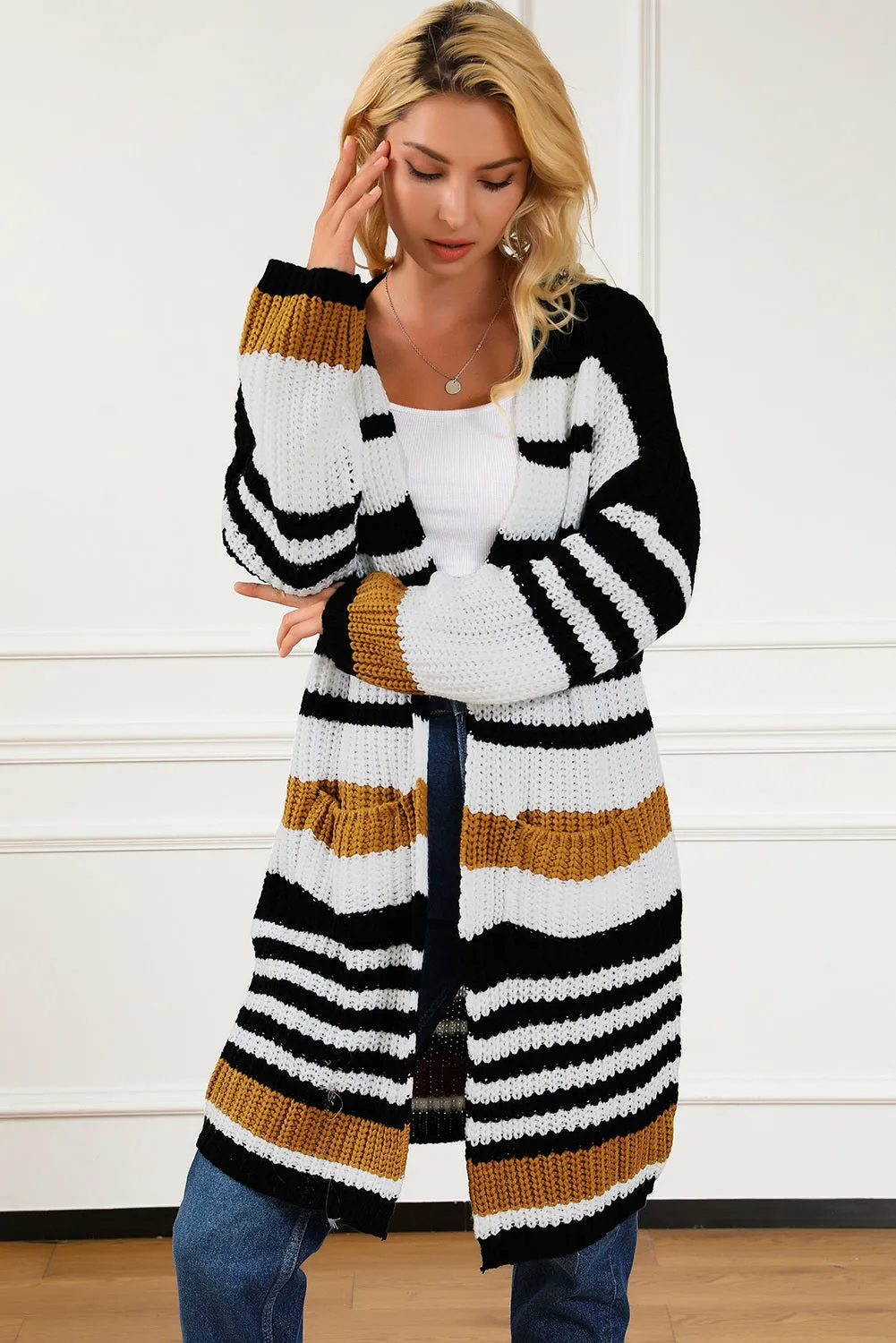 Women's Striped Printed Drop Shoulder Open Front Long Cardigan