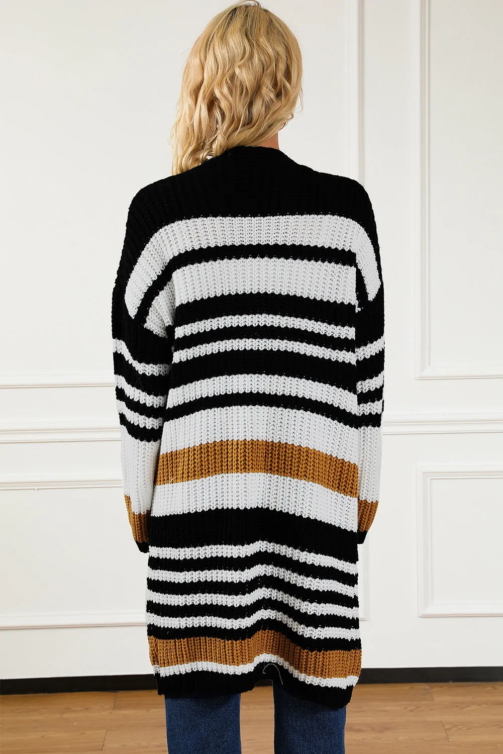 Women's Striped Printed Drop Shoulder Open Front Long Cardigan