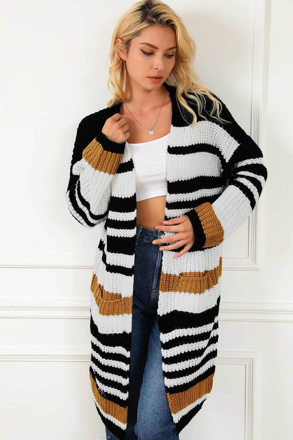 Women's Striped Printed Drop Shoulder Open Front Long Cardigan