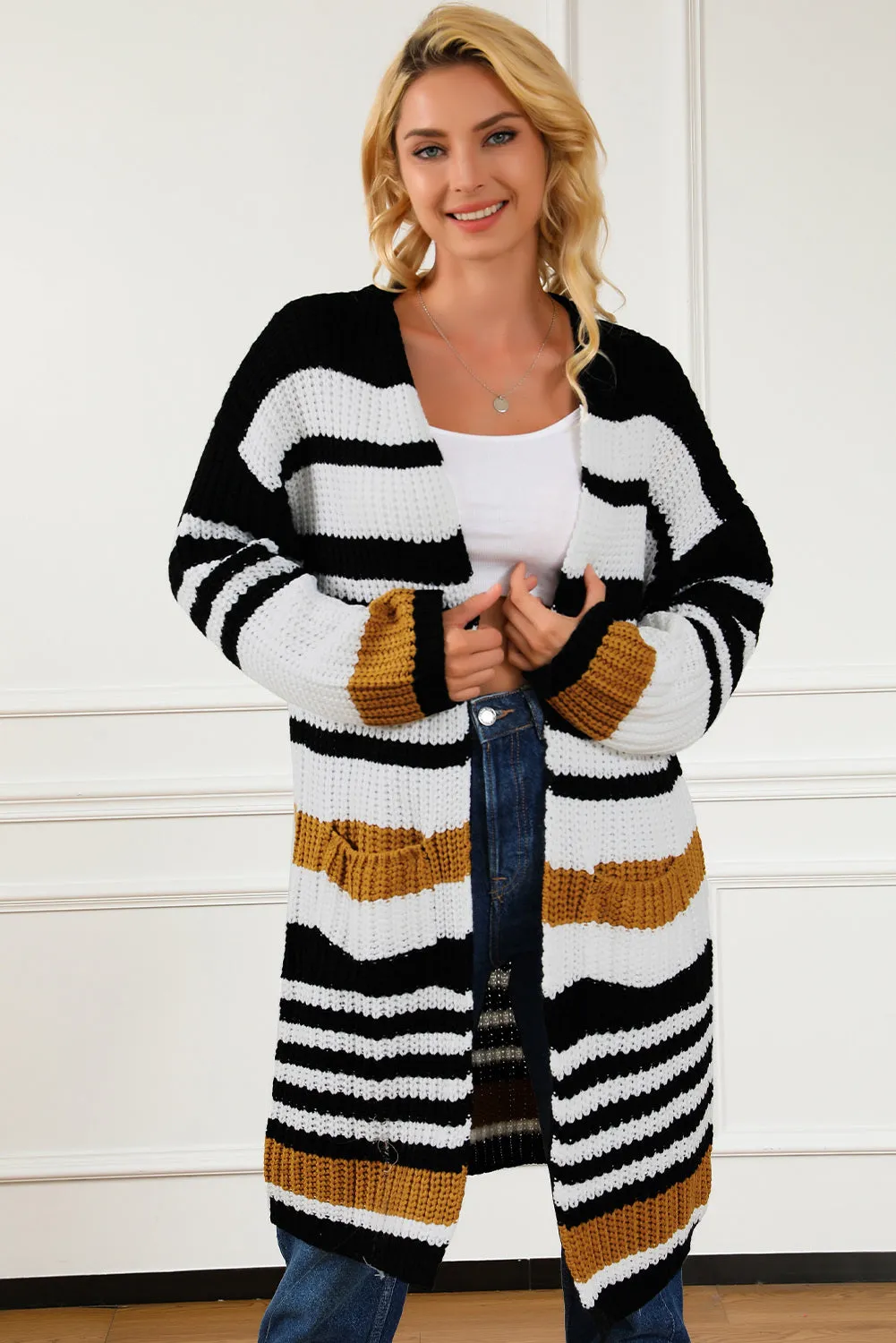 Women's Striped Printed Drop Shoulder Open Front Long Cardigan
