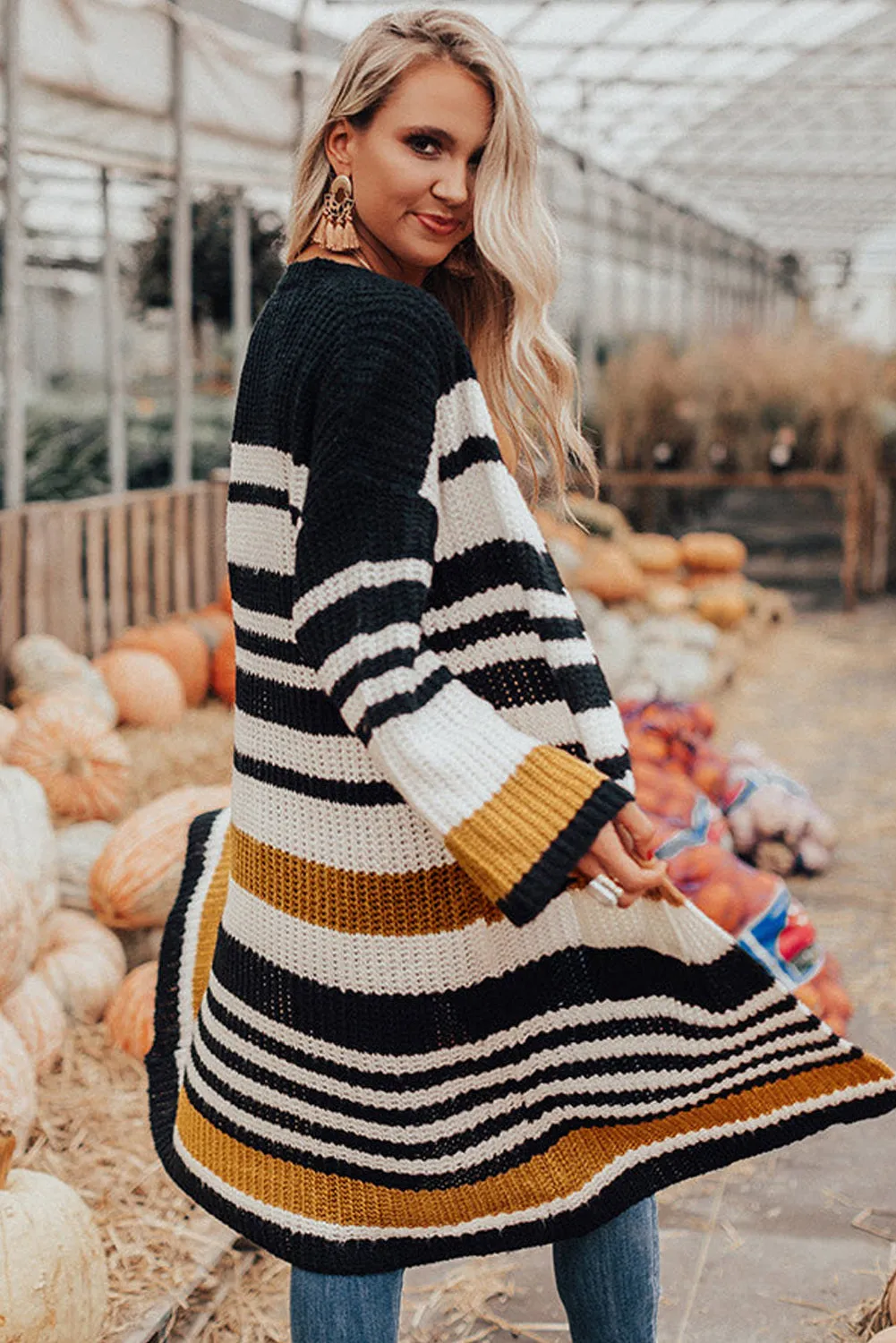 Women's Striped Printed Drop Shoulder Open Front Long Cardigan
