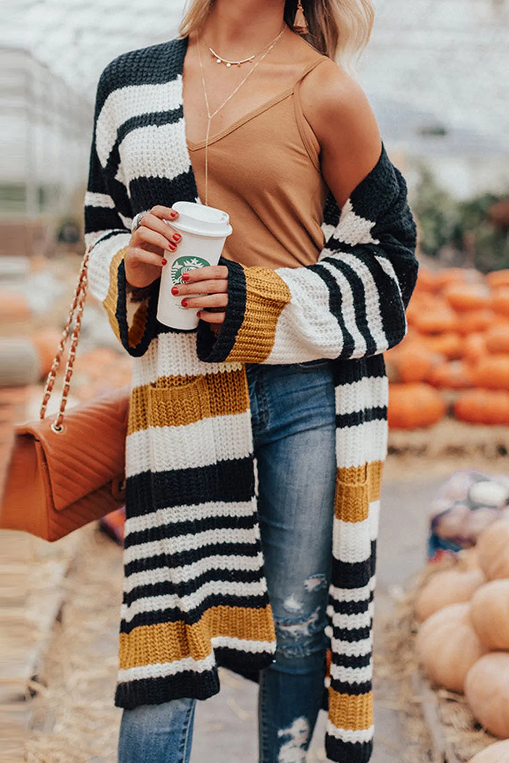 Women's Striped Printed Drop Shoulder Open Front Long Cardigan
