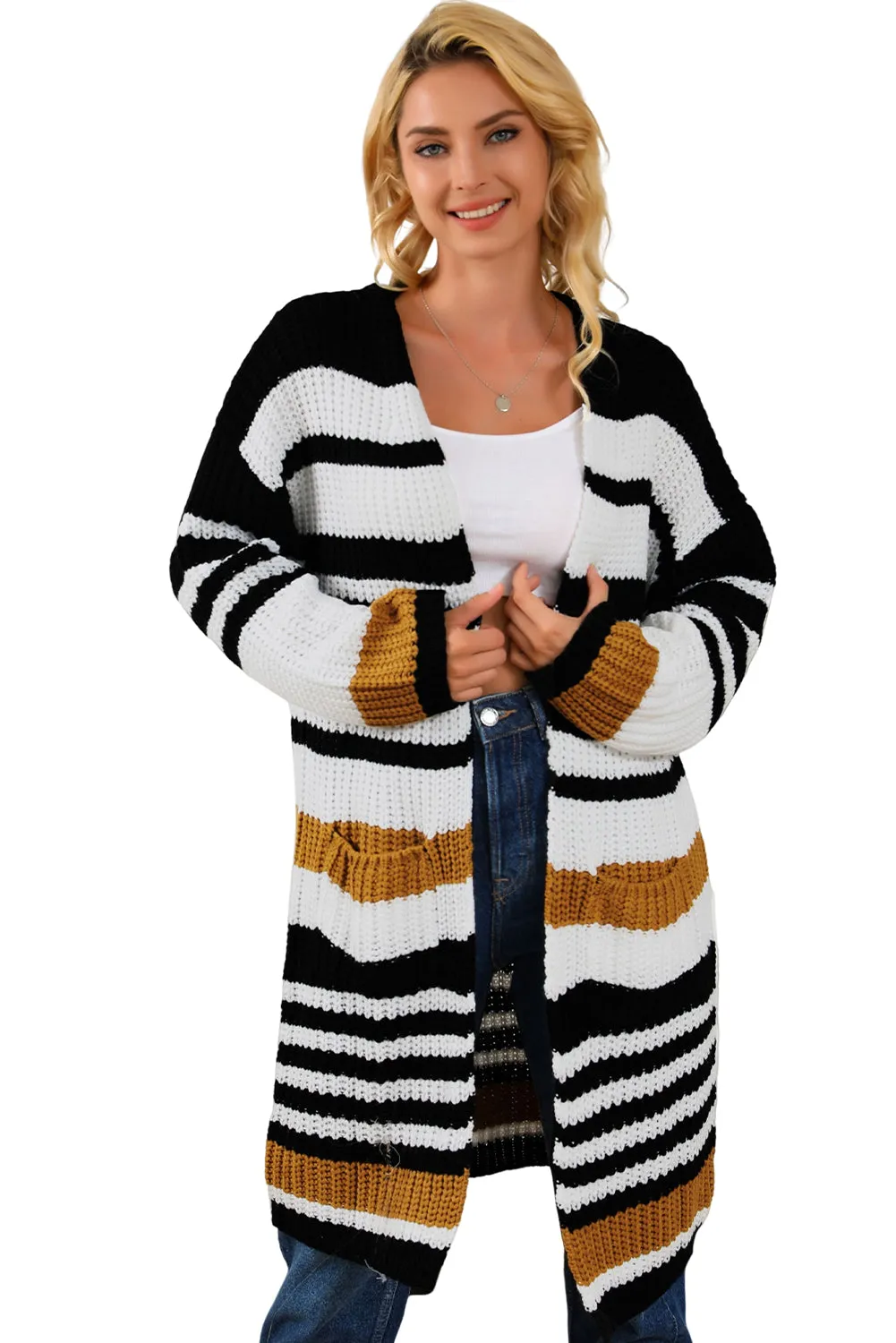 Women's Striped Printed Drop Shoulder Open Front Long Cardigan