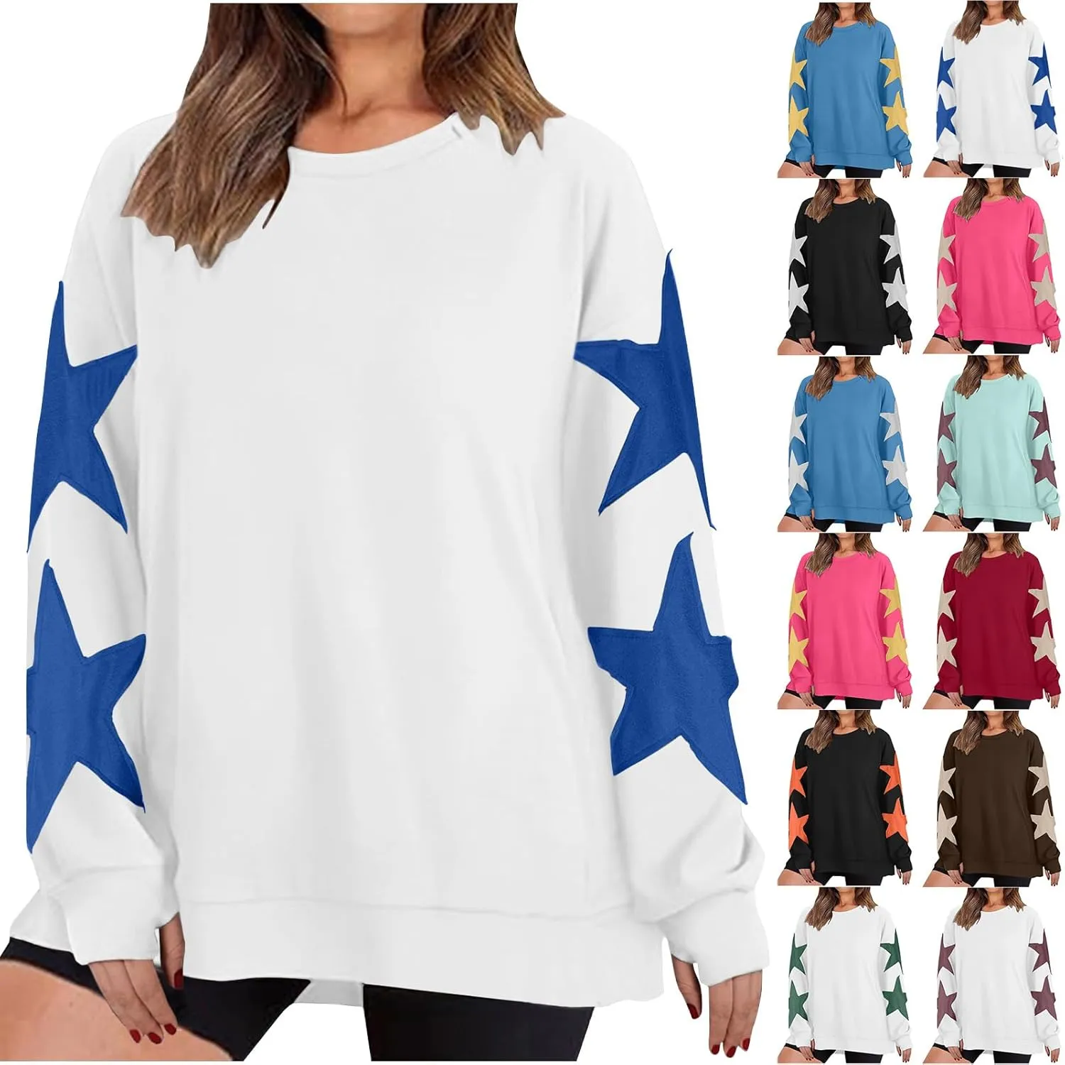 ZDRZK Women's Star Print Sweatshirts Thumb Hole Long Sleeve Crewneck Pullover 2024 Fall Fleece Casual Tops Trendy Y2k