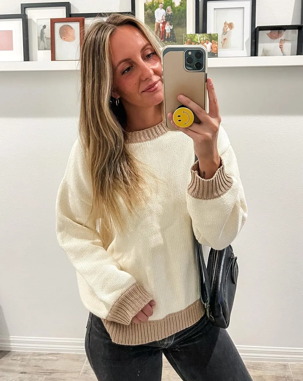 ZESICA Long Sleeve Crew Neck Contrast Color Loose Sweater Top