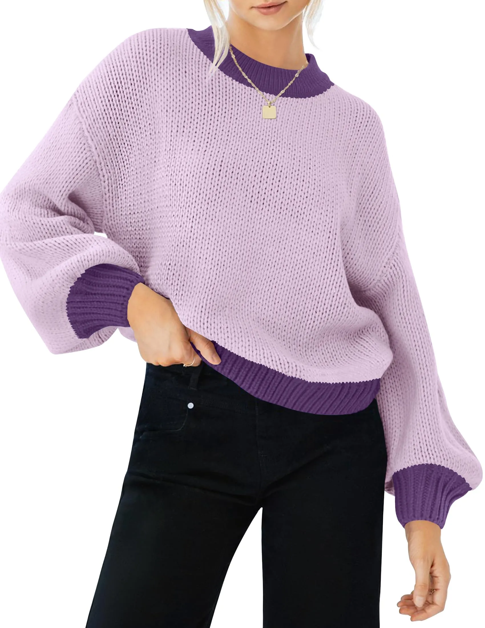 ZESICA Long Sleeve Crew Neck Contrast Color Loose Sweater Top