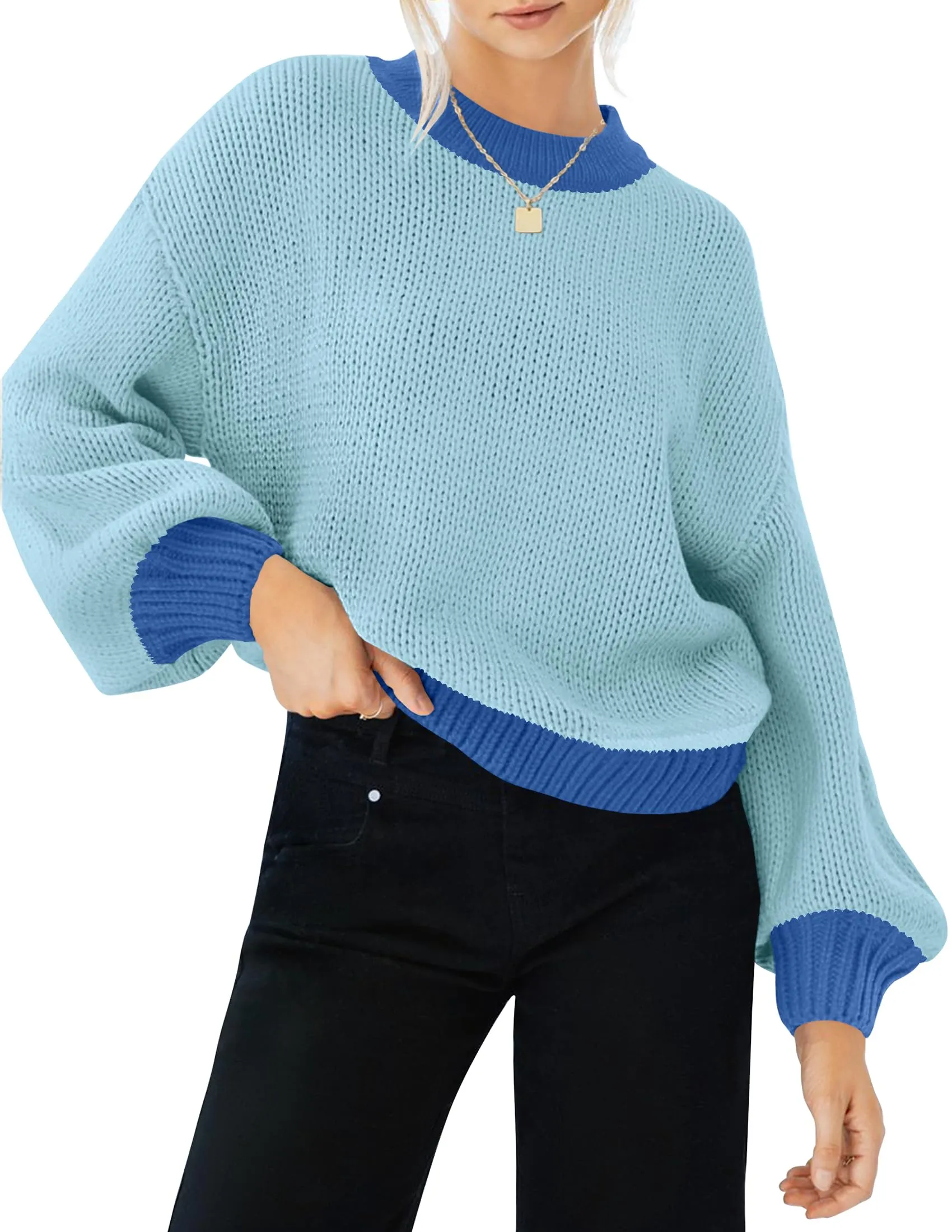 ZESICA Long Sleeve Crew Neck Contrast Color Loose Sweater Top