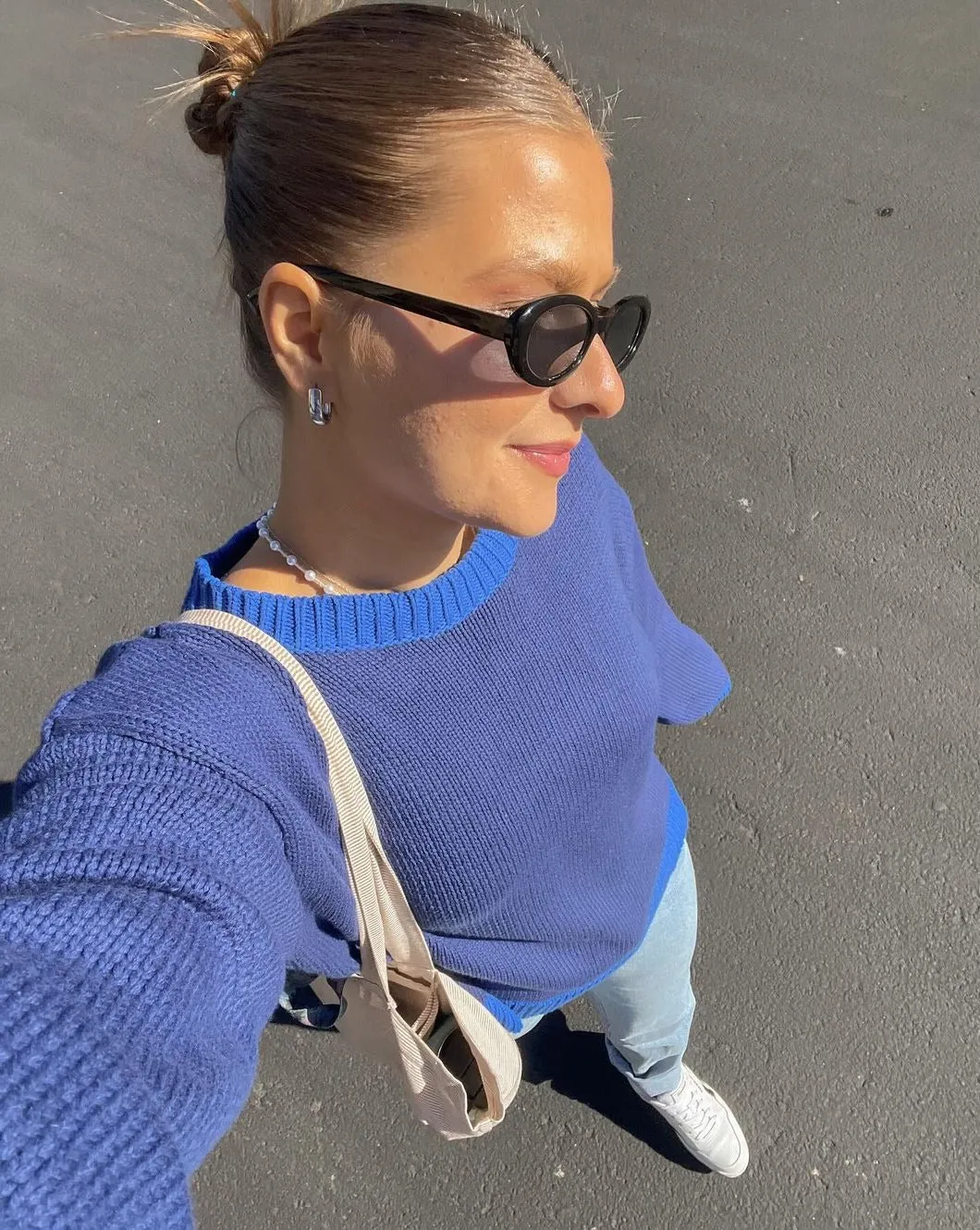 ZESICA Long Sleeve Crew Neck Contrast Color Loose Sweater Top