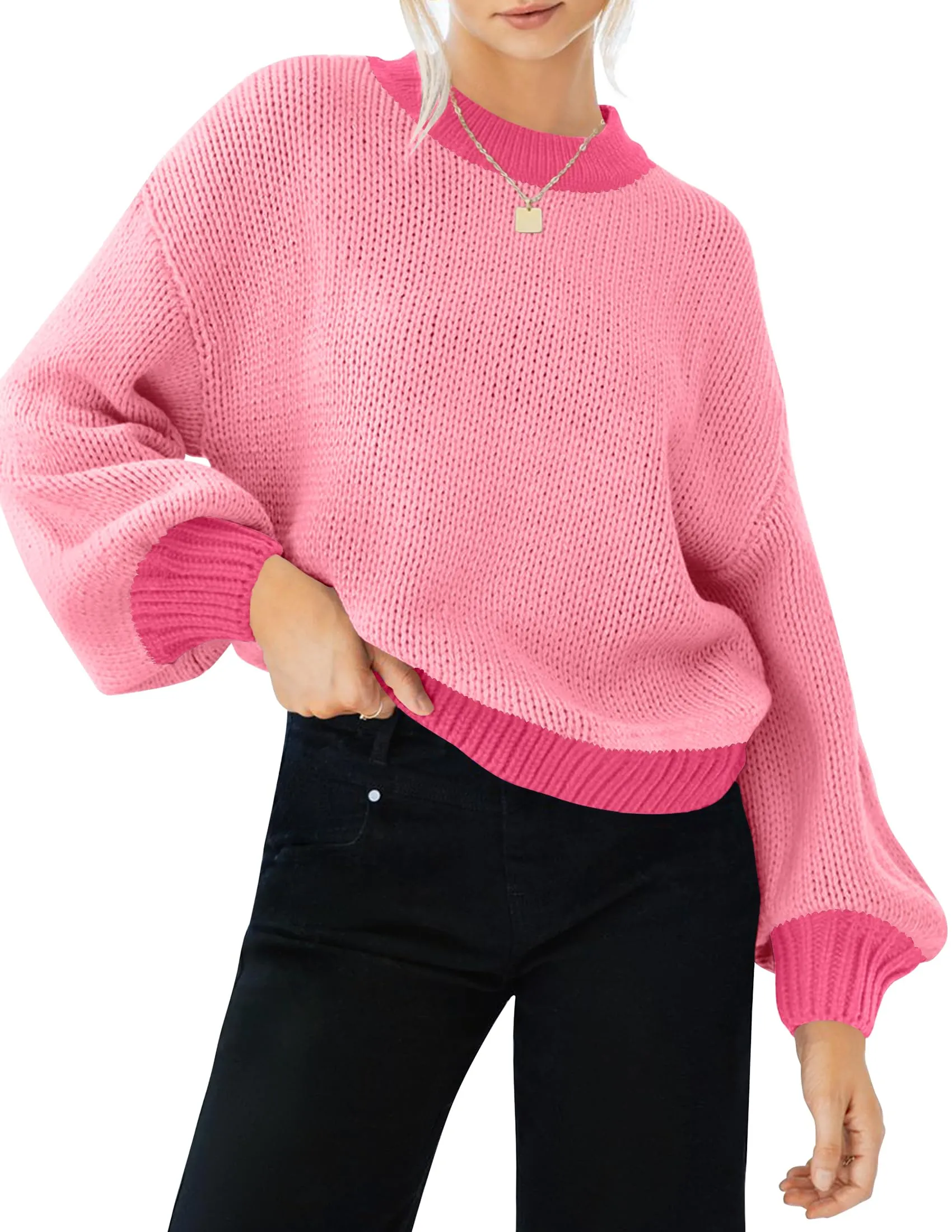 ZESICA Long Sleeve Crew Neck Contrast Color Loose Sweater Top