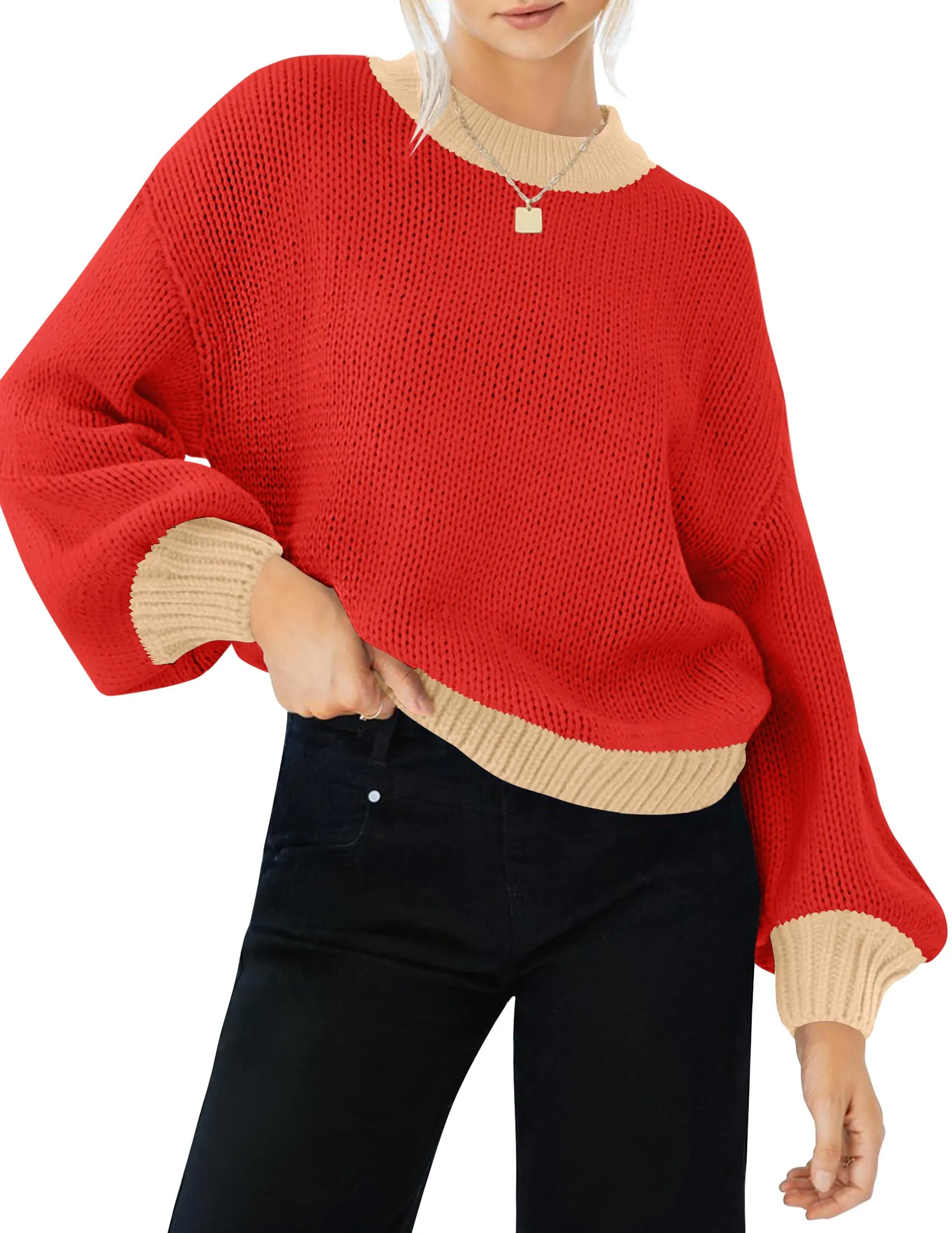 ZESICA Long Sleeve Crew Neck Contrast Color Loose Sweater Top
